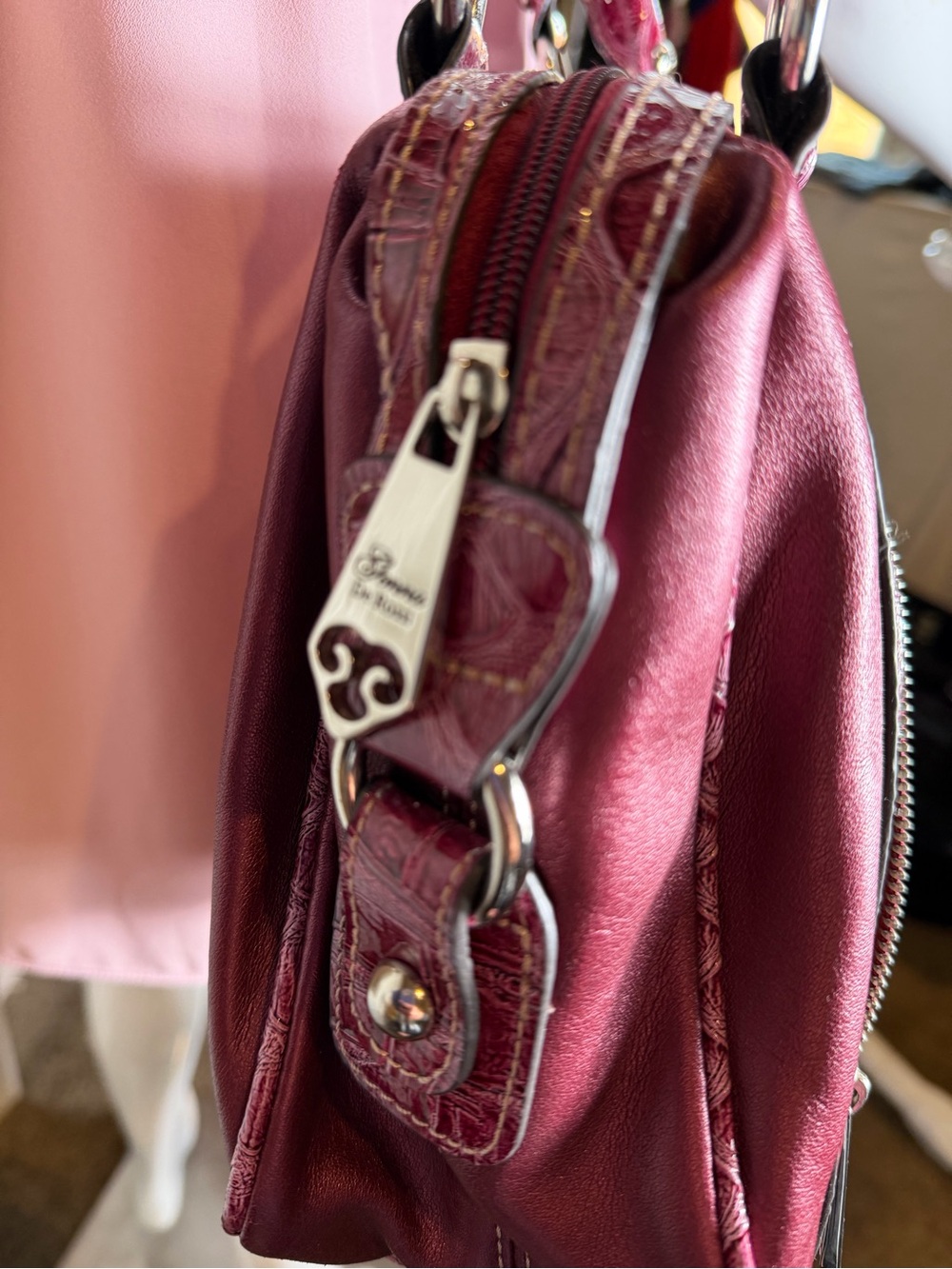 Genna De Rossi~Burgundy~Faux Leather~Croc-Embossed Detail~Double Strap~Handbag - Picture 8 of 16